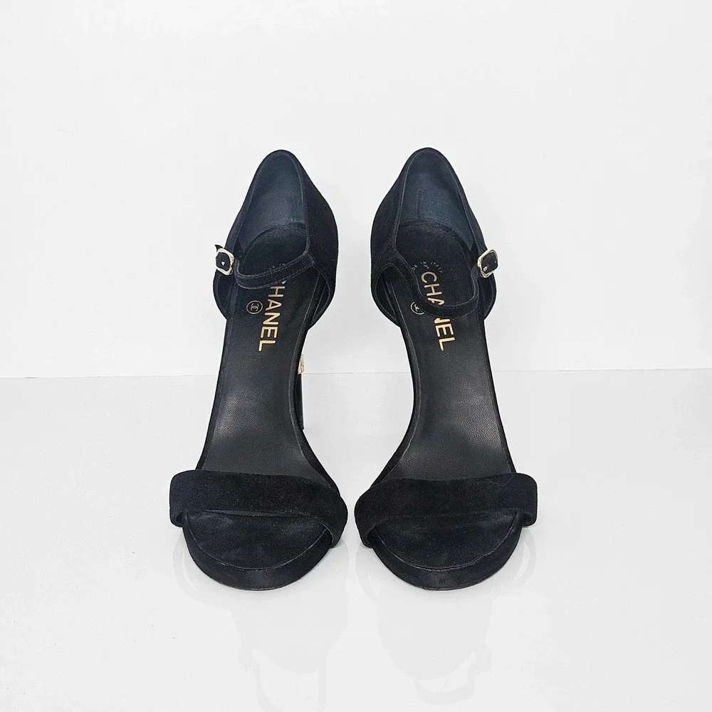 Chanel 2016 Black Suede Satin Gold CC Logo High Heels Sandals Shoes Strappy 41.5